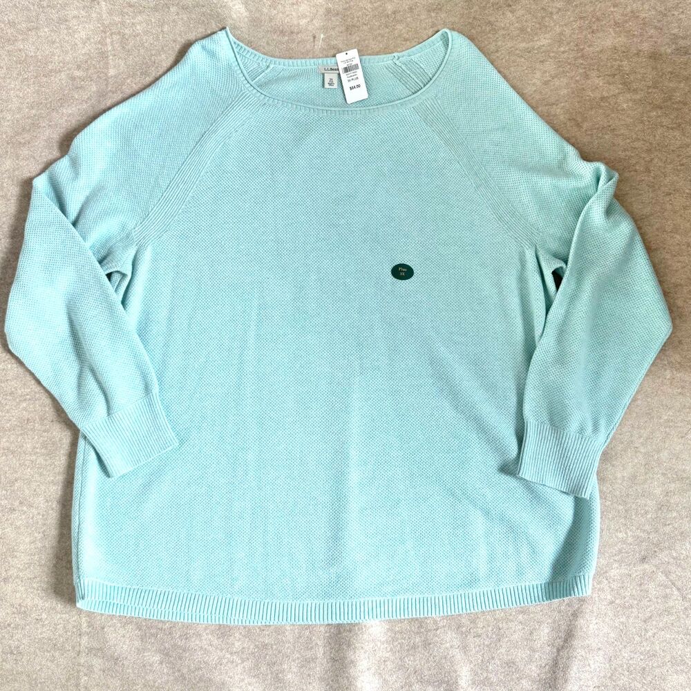 LL Bean sweater NEW womens 3X teal blue textured cotton long sleeve plus knit